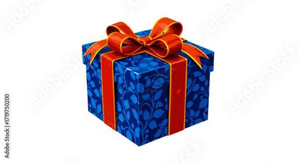 Obraz Festive Blue Gift Box with Red Ribbon and Botanical Pattern for Celebrations