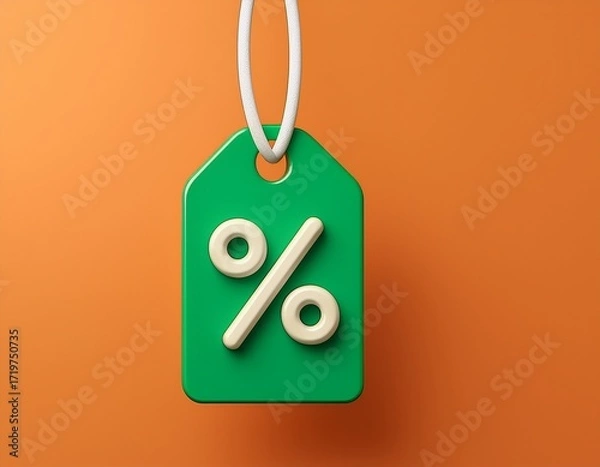 Obraz discount tag icon in 3d style for shopping and retail use showing percentage symbol in green on orange background with white ring for hanging and sale promotion concept