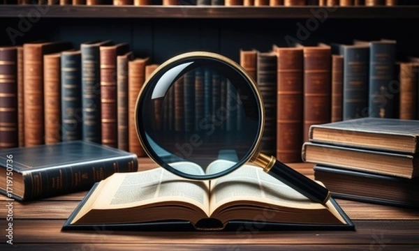 Fototapeta Magnifying glass on open book in vintage library setting for research and education