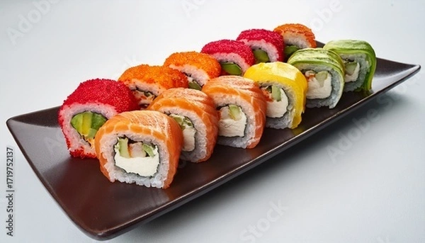 Obraz delicious sushi rolls arranged in vibrant colors showcasing fresh ingredients on white background