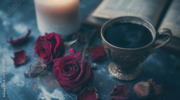 Fototapeta Still life with tea, roses, and candle