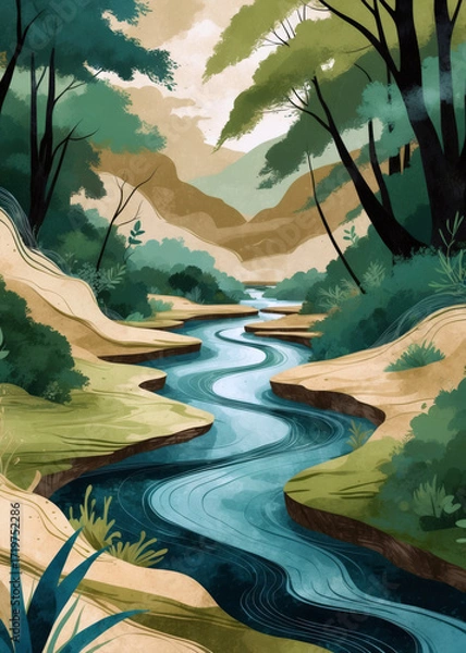Fototapeta Calm river winding through a lush green landscape under soft golden light near mountains and trees
