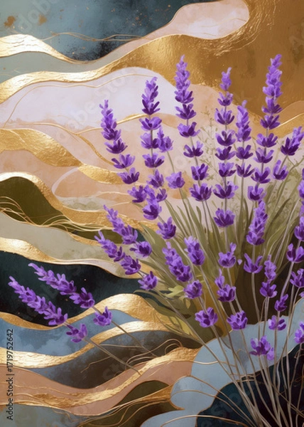 Fototapeta Lavender blooms beautifully with gold accents in an abstract design, showcasing nature’s elegance in bright colors
