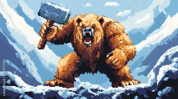 Fototapeta Massive bear wielding a mighty hammer on snowy mountain peaks