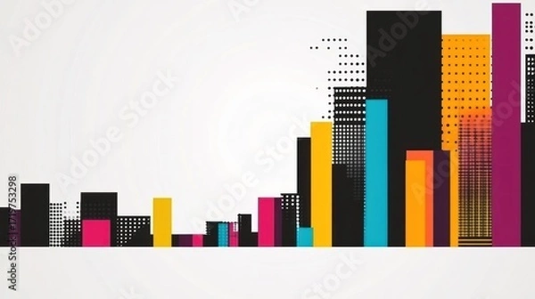 Fototapeta Abstract cityscape illustration. Vivid, colorful, geometric buildings arranged in a horizontal urban scene
