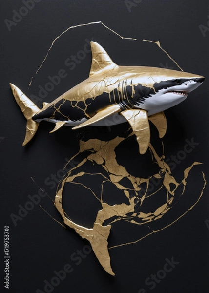 Fototapeta Golden shark sculpture emerging from a dark background with artistic detailing