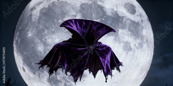Fototapeta 3D vampire cape floating in air, dark purple velvet, high collar, tattered edges, full moon backdrop