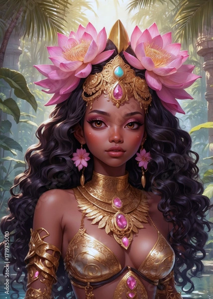 Fototapeta Beautiful woman adorned with gold and flowers in a tropical setting with lush greenery