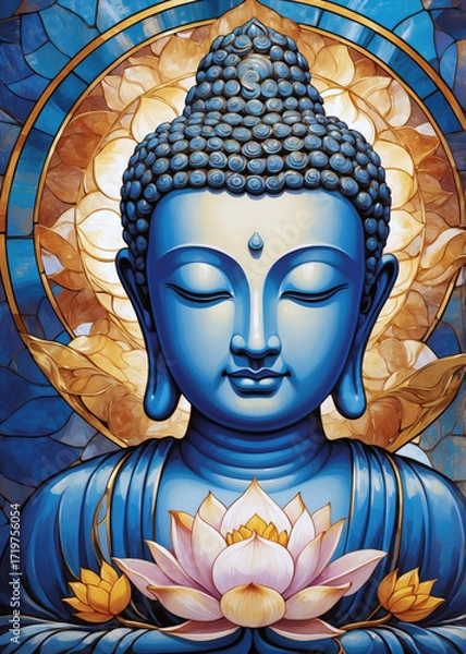 Fototapeta Buddha statue with lotus flower background in vibrant blue tones and intricate stained glass style