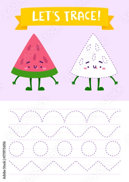 Fototapeta Dot to dot handwriting practice game for kids. Trace page with cute watermelon.