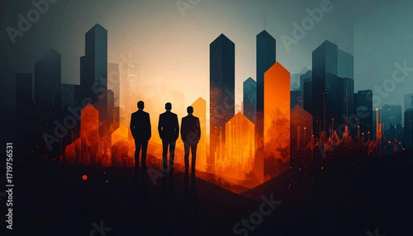 Fototapeta Abstract business background, dark corporate colors, geometric shapes, silhouettes of business people collaborating, charts, graphs upward arrows growth, illustration overlays. Business concept.