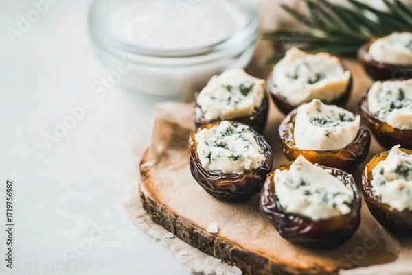 Fototapeta Sweet dates filled with creamy cheese and sprinkled with salt