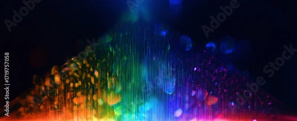 Fototapeta Banner, advertisement. Futuristic prism rainbow light overlay on dark background, sharp crystal flare effect, holographic reflections with neon-like glow, vibrant bokeh illustration.
