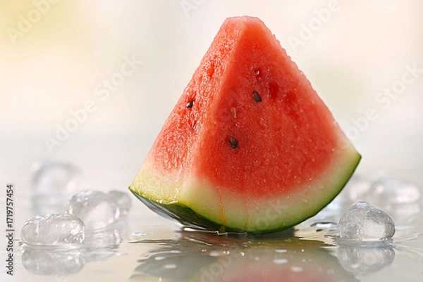Obraz Fresh watermelon slice with ice cubes and reflection on glossy surface. Juicy red fruit isolated in minimal studio composition, perfect for summer, healthy food and advertising.