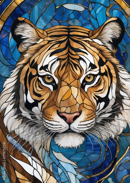 Fototapeta Stunning artistic representation of a tiger with intricate details and vibrant colors on a blue background