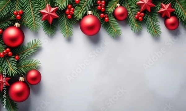 Fototapeta Festive red ornaments and pine branches on a soft gray background