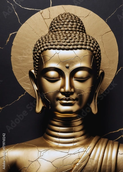 Fototapeta Gold statue of Buddha with a cracked surface against a black background creates a striking spiritual ambiance