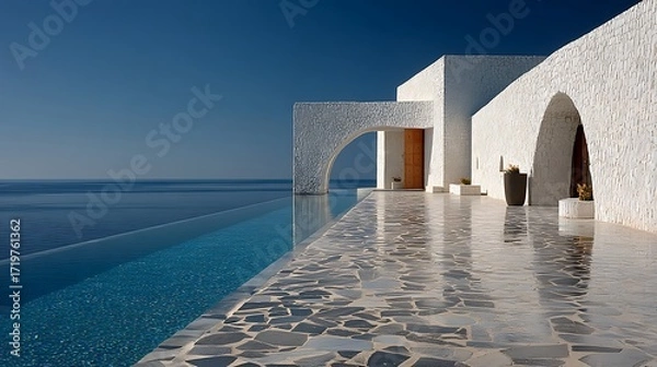 Fototapeta Modern coastal villa with infinity pool high resolution image