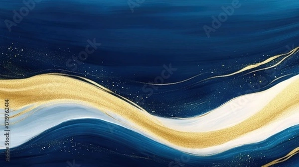 Fototapeta Abstract wave pattern with gold accents on a deep blue background