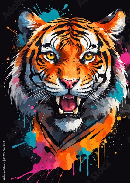 Fototapeta Vibrant tiger illustration with colorful splashes on a dark background showcasing fierce beauty and artistic flair