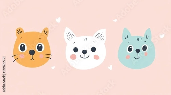 Fototapeta Cute and Playful Animal Faces with Hearts on Pink Background