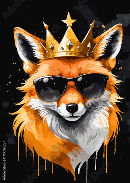 Fototapeta Fox wearing sunglasses and a crown with a vibrant orange coat and a splash of color on a dark background