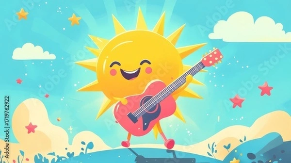 Fototapeta Cheerful Cartoon Sun Playing Guitar in Bright Blue Sky