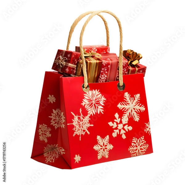 Fototapeta Red gift bag filled with presents and decorations isolated on transparent background