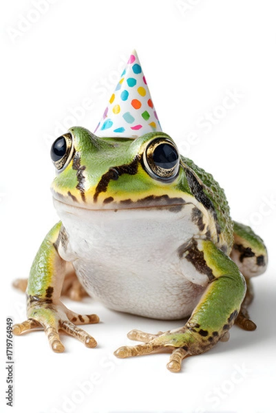 Fototapeta Funny Green Frog with a Party Hat on a White Background Looking at Camera