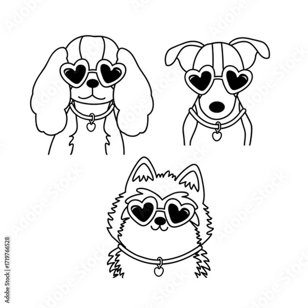 Fototapeta outline set of isolated fun dogs wearing heart glasses