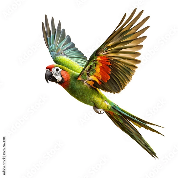 Fototapeta Vibrant green macaw parrot in mid flight with wings spread wide isolated on transparent background