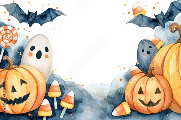 Fototapeta Watercolor illustration featuring Halloween pumpkins, ghosts, bats, and candy corn, creating a festive atmosphere with ample copy space for text
