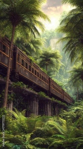 Obraz Abandoned train in lush jungle
