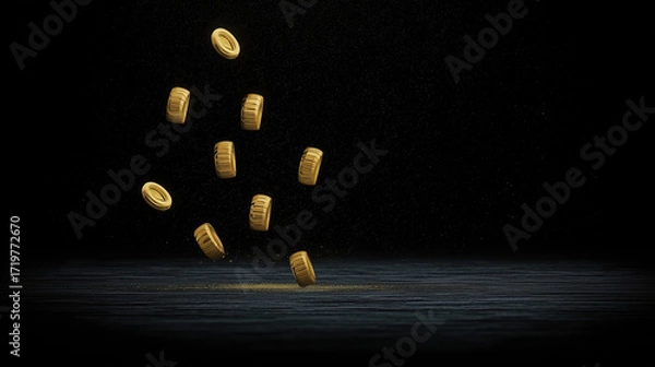 Obraz Golden Coins Falling in Dark Background with Dramatic Lighting