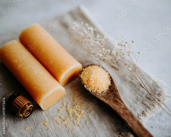 Obraz Natural Soap Bars with Essential Oils and Dried Flowers on Linen