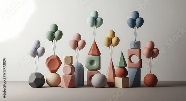 Obraz Geometric Shapes Composition with Pastel Colors and Balloon Arrangements for Creative Concepts