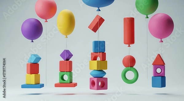 Obraz Colorful Floating Geometric Shapes and Balloons Creative Abstract Art