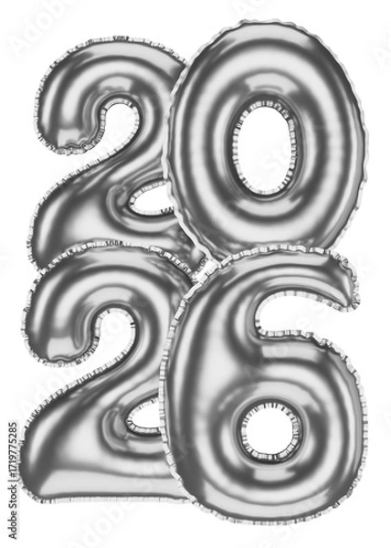 Fototapeta Silver 2026 Balloons 3D render, Isolated Collection of Bright Shiny Numbers, Festive New Year Decor.