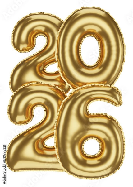 Fototapeta Golden 2026 Balloons 3D render, Isolated Collection of Bright Shiny Numbers, Festive New Year Decor.