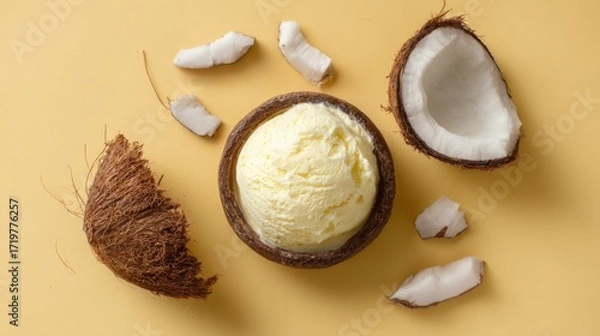 Fototapeta Coconut ice cream displayed in a coconut shell, accompanied by coconut flakes and pieces, set against a bright yellow backdrop, creating a cheerful dessert scene