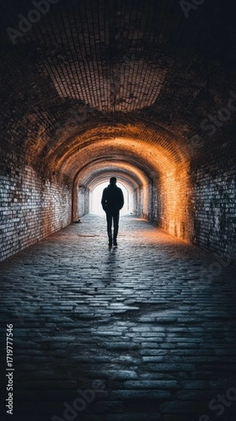 Obraz Person walking through dark brick tunnel