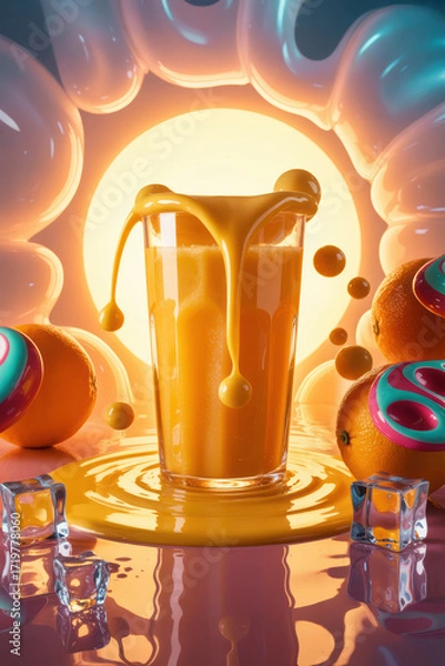 Fototapeta Refreshing Citrus Splash with Orange Juice and Vibrant Oranges Against a Sunny Backdrop