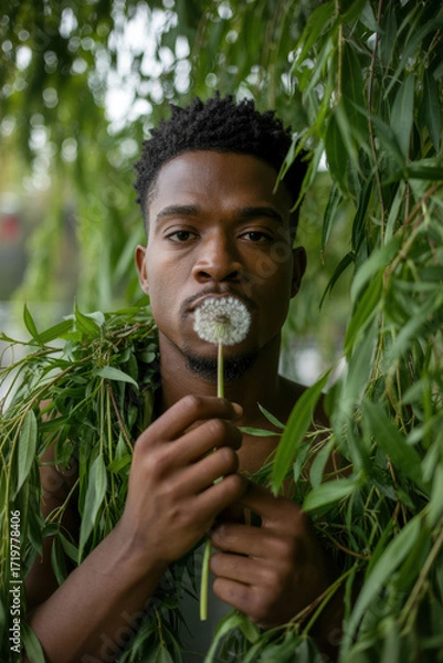 Fototapeta Reflective Young Man Holding a Dandelion Amidst Lush Greenery in Soft Natural Light