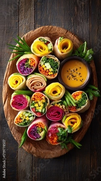 Obraz Colorful vegetable wraps with dipping sauce