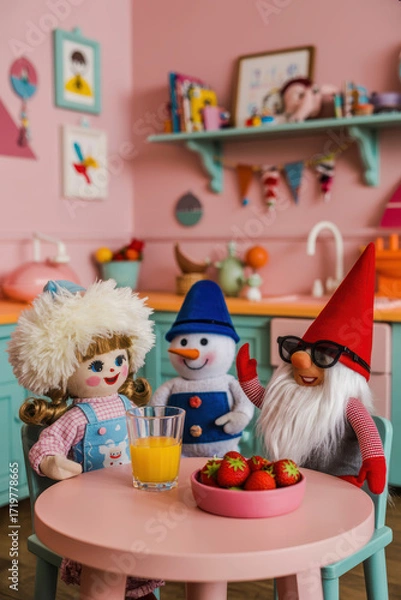 Fototapeta Playful Gathering of Colorful Dolls with Refreshing Orange Juice and Fresh Strawberries in Cozy Kitchen Setting