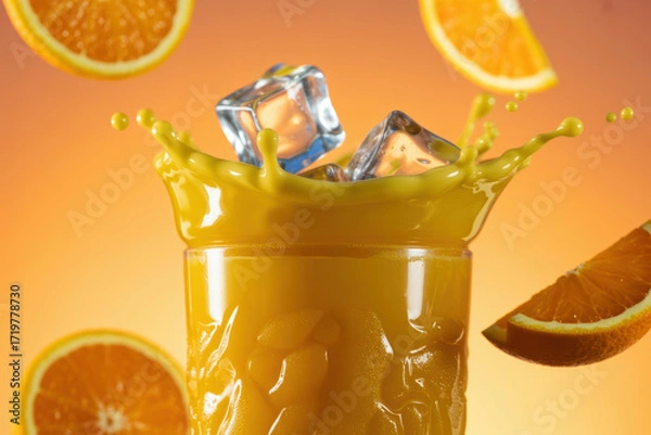 Fototapeta Refreshing Orange Juice Splash with Ice Cubes and Citrus Slices Against a Vibrant Sunset Background