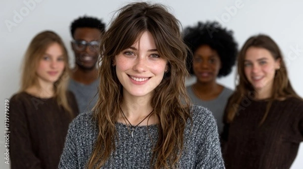 Fototapeta group of five friends stands together in a well-lit room, smiling and enjoying the moment. central figure has long, wavy hair and wears a cozy sweater