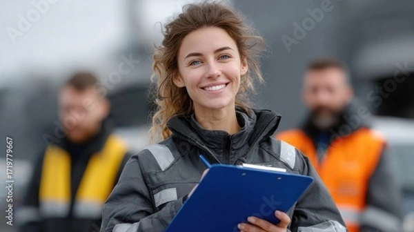 Fototapeta young woman wearing safety gear smiles while holding a clipboard, overseeing operations in an industrial area. Two men in safety vests assist behind her in this busy work environment
