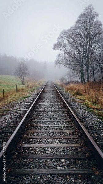 Obraz Foggy railroad tracks through countryside