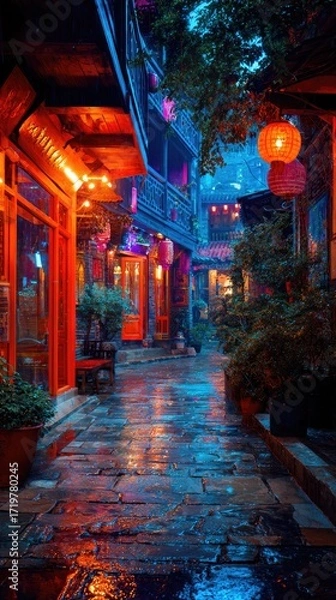 Obraz Rainy alleyway at night with vibrant lanterns